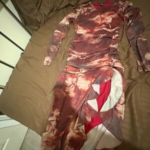 SHEIN Artistic Long Sleeve Dress - Red and Brown